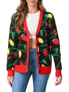 Women's Multicolor V Neck Long Sleeve Knit Christmas Cardigan Classic Sweater